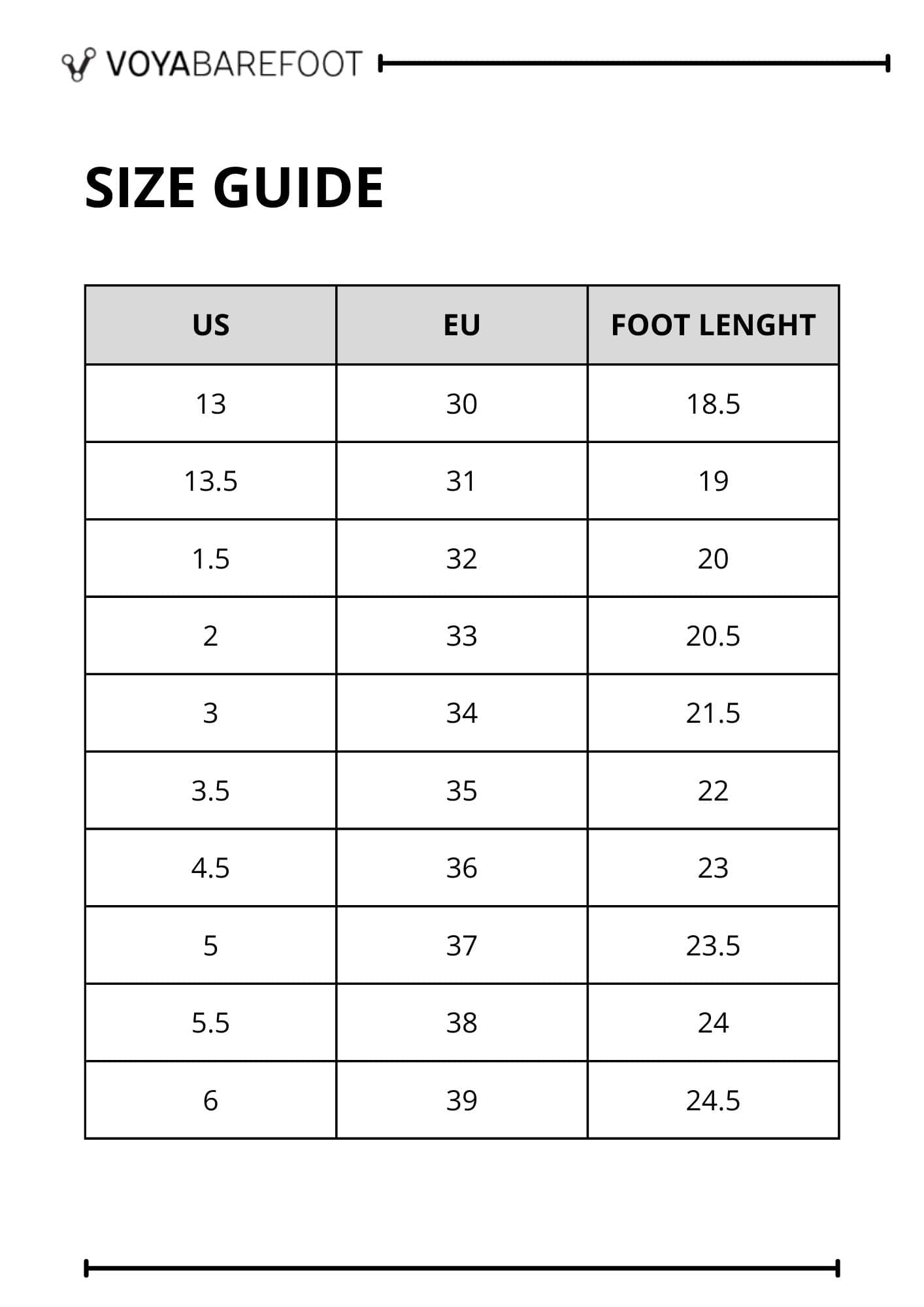 Sova Boots Kids (2+1) size chart